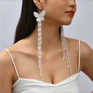 3/$25 White Long Dangle Butterfly Earrings Faux Pearl and Iridescent, Hip Hop
